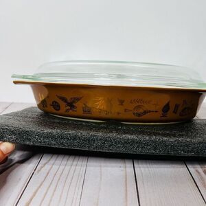 Pyrex Vintage Early American Divided Casserole Dish with Lid Brown Gold